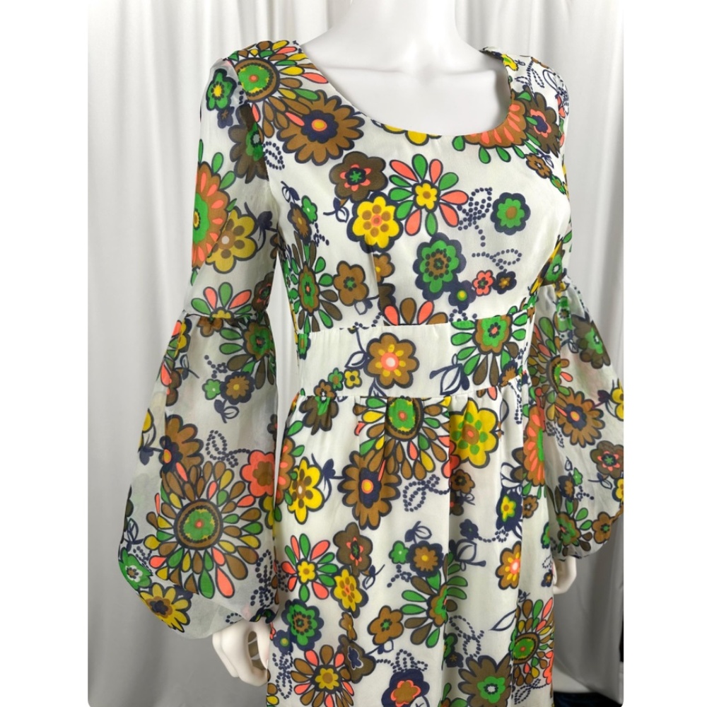 Vintage 1960’s Floral Printed Chiffon Maxi Dress - Peasant Sleeve Gown - Small - Picture 5 of 10